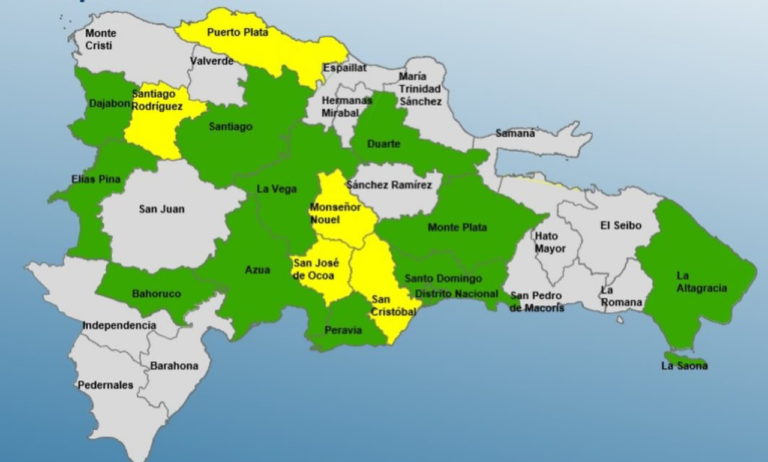 COE mantiene 5 provincias en alerta amarilla y 11 en verde por lluvias y tormentas en el país